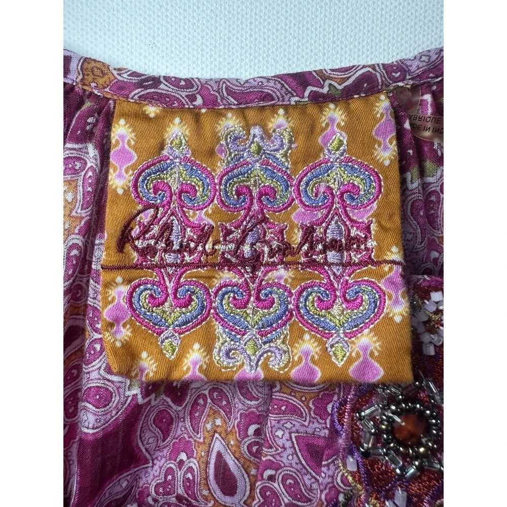 Robert Graham Women's SMALL Pink‎ Purple Beaded Embroidered Paisley Boho Blouse